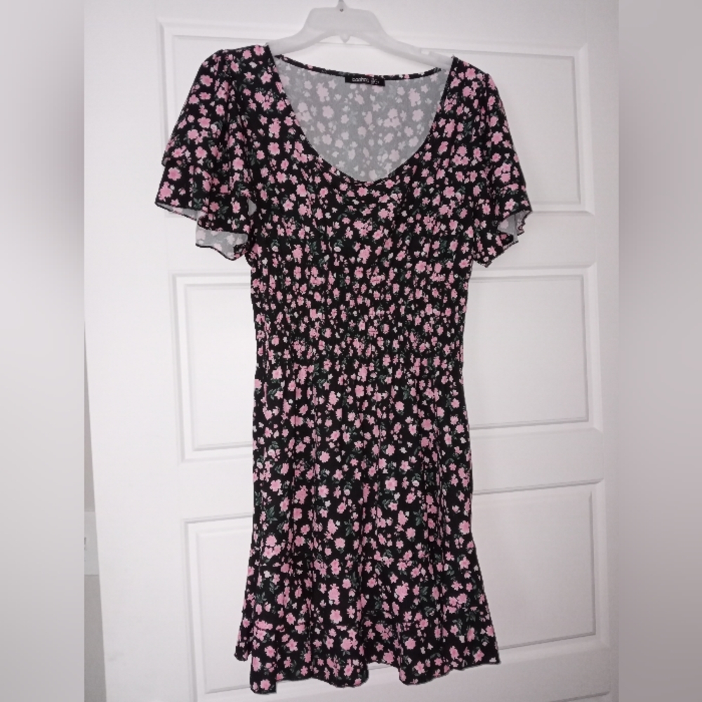 Boohoo Boho black and pink floral print summer sun dress size 12